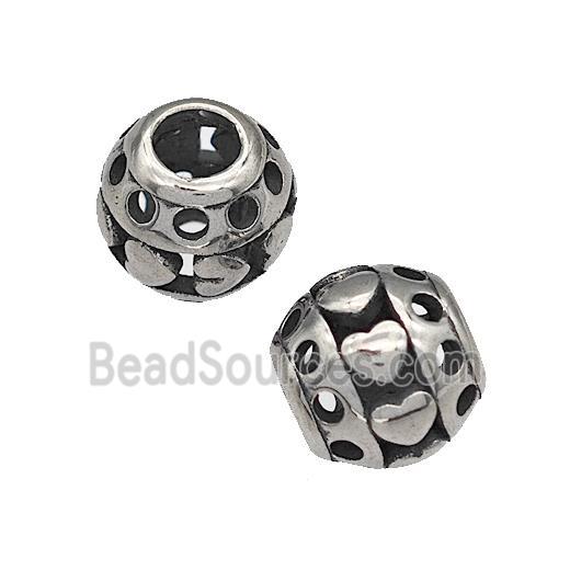 316 Stainless Steel Round Beads Heart Hollow Large Hole Antique Silver