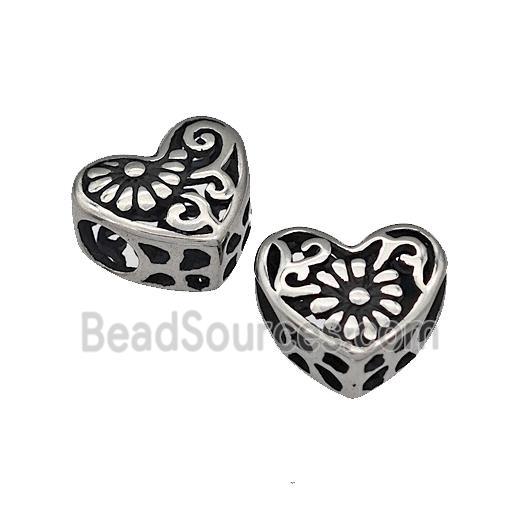 316 Stainless Steel Heart Beads Flower Hollow Large Hole Antique Silver