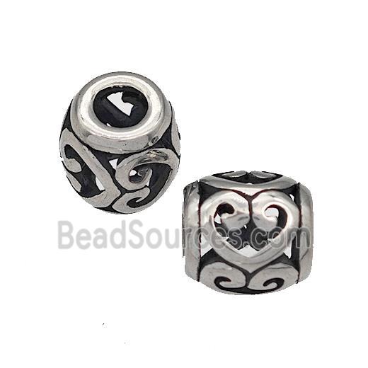 316 Stainless Steel Barrel Beads Heart Hollow Large Hole Antique Silver