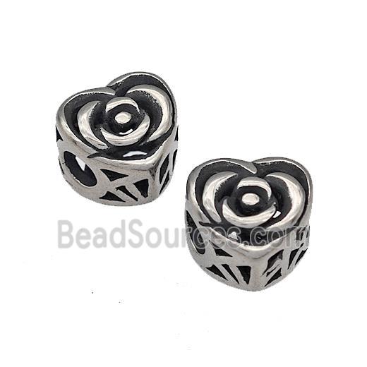 316 Stainless Steel Heart Beads Flower Hollow Large Hole Antique Silver