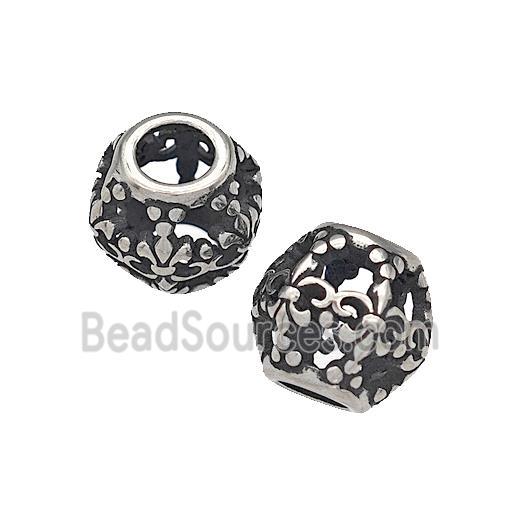 316 Stainless Steel Round Beads Fleur De Lis Hollow Large Hole Antique silver