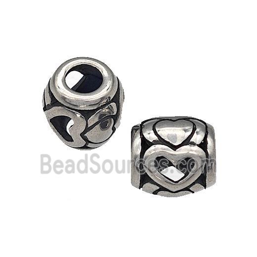 316 Stainless Steel Barrel Beads Heart Hollow Large Hole Antique Silver