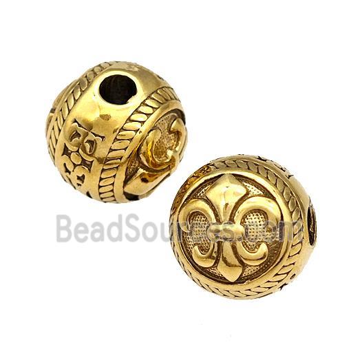 Stainless Steel Round Beads Fleur De Lis Gold Plated