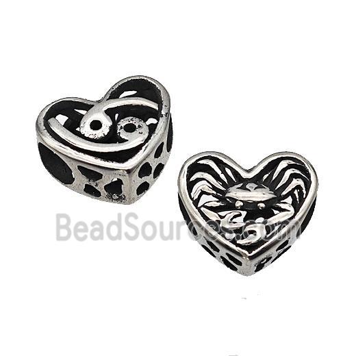 Stainless Steel Heart Beads Zodiac Cancer Large Hole Hollow Antique Silver