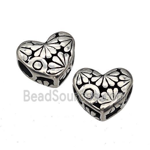 Stainless Steel Heart Beads Flower Hollow Large Hole Antique Silver