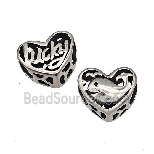 Stainless Steel Heart Beads Lucky Dolphin Hollow Large Hole Antique Silver