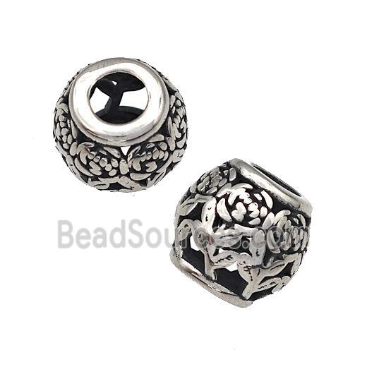 Stainless Steel Barrel Beads Flower Hollow Large Hole Antique Silver