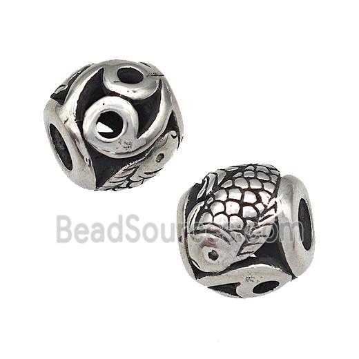 Stainless Steel Barrel Beads Fish Hollow Large Hole Antique Silver