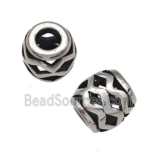 Stainless Steel Barrel Beads Wave Hollow Large Hole Antique Silver