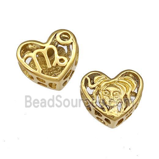 Stainless Steel Heart Beads Zodiac Virgo Large Hole Hollow Gold Plated