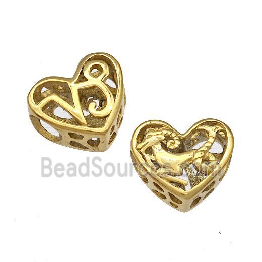 Stainless Steel Heart Beads Zodiac Capricorn Large Hole Hollow Gold Plated