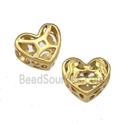 Stainless Steel Heart Beads Zodiac Gemini Large Hole Hollow Gold Plated