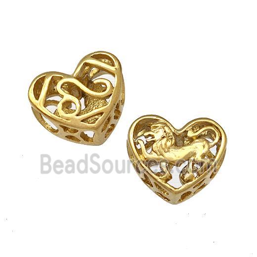 Stainless Steel Heart Beads Zodiac Leo Large Hole Hollow Gold Plated