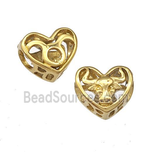 Stainless Steel Heart Beads Zodiac Taurus Large Hole Hollow Gold Plated