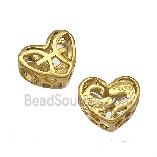 Stainless Steel Heart Beads Zodiac Pisces Large Hole Hollow Gold Plated