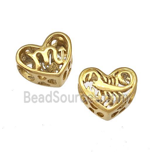 Stainless Steel Heart Beads Zodiac Scorpio Large Hole Hollow Gold Plated