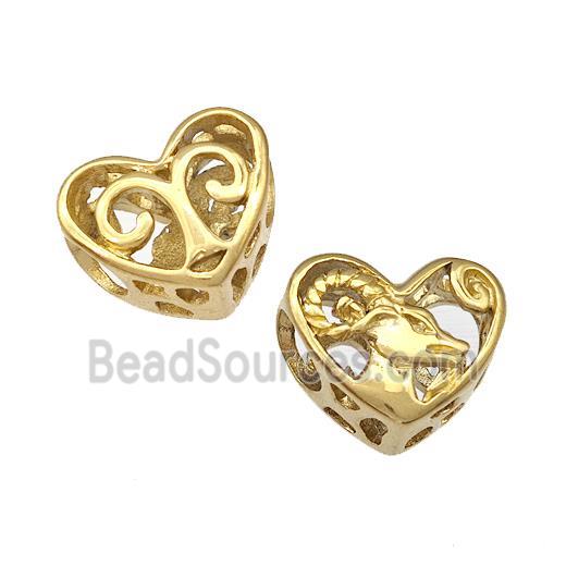 Stainless Steel Heart Beads Zodiac Aries Large Hole Hollow Gold Plated