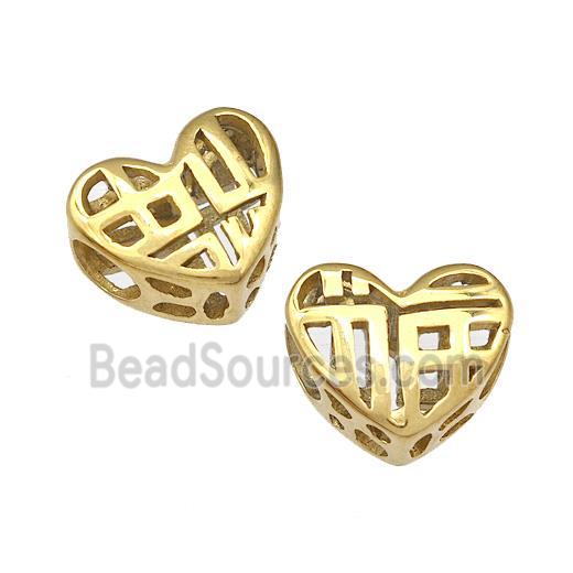 Stainless Steel Heart Beads Lucky Fu Hollow Large Hole Gold Plated