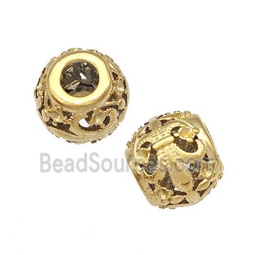 Stainless Steel Round Beads Fleur De Lis Hollow Large Hole Gold Plated