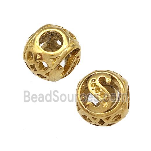 Stainless Steel Round Beads Letter-S Hollow Large Hole Gold Plated