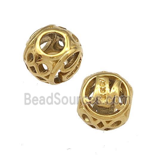 Stainless Steel Round Beads Letter-M Hollow Large Hole Gold Plated