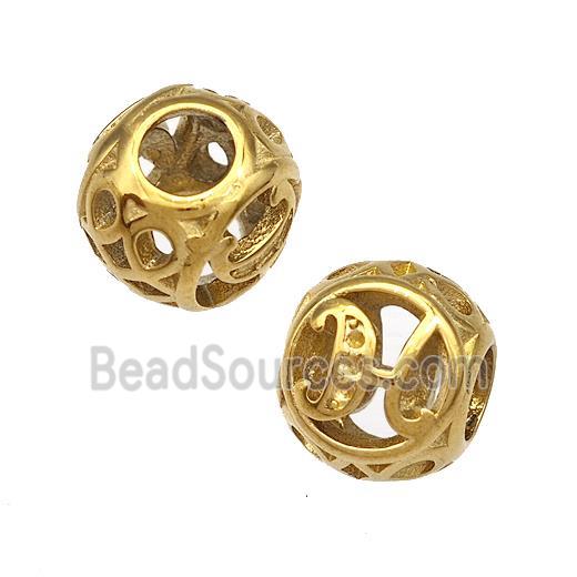 Stainless Steel Round Beads Letter-H Hollow Large Hole Gold Plated