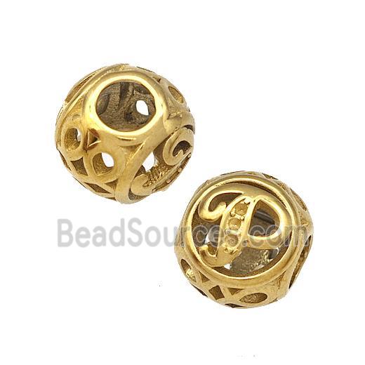 Stainless Steel Round Beads Letter-P Hollow Large Hole Gold Plated