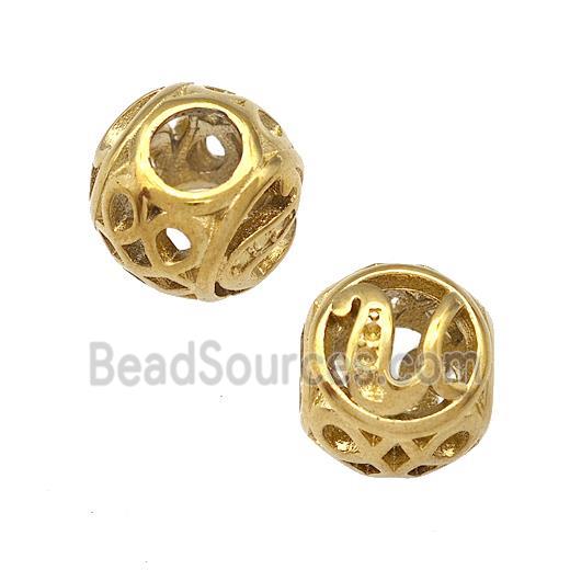 Stainless Steel Round Beads Letter-U Hollow Large Hole Gold Plated