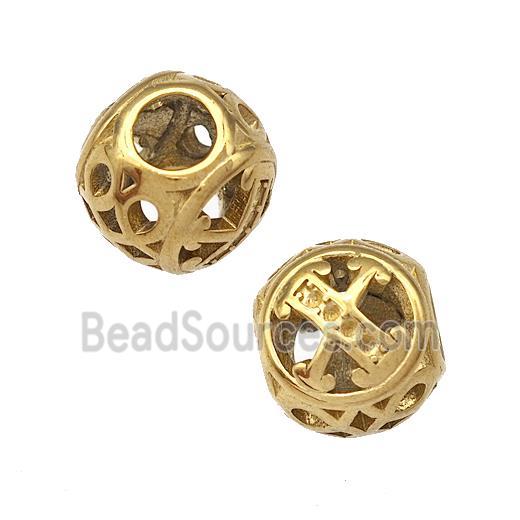 Stainless Steel Round Beads Letter-X Hollow Large Hole Gold Plated