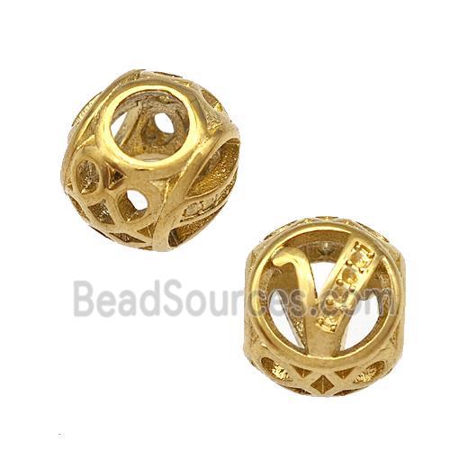 Stainless Steel Round Beads Letter-V Hollow Large Hole Gold Plated