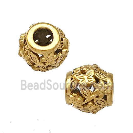 Stainless Steel Barrel Beads Butterfly Hollow Large Hole Gold Plated