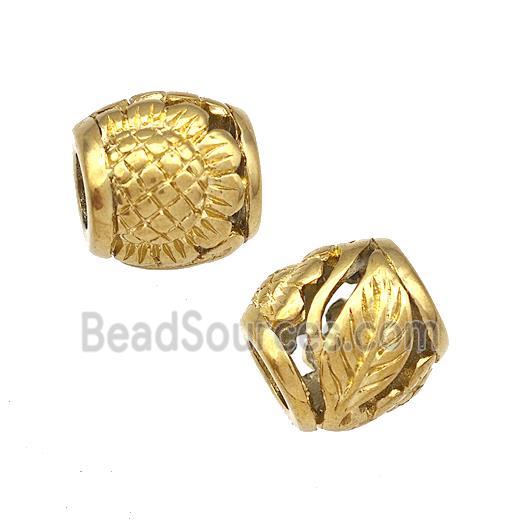 Stainless Steel Barrel Beads Sunflower Hollow Large Hole Gold Plated