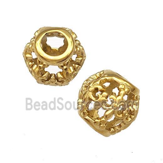 Stainless Steel Round Beads Fleur-De-Lis Hollow Large Hole Gold Plated