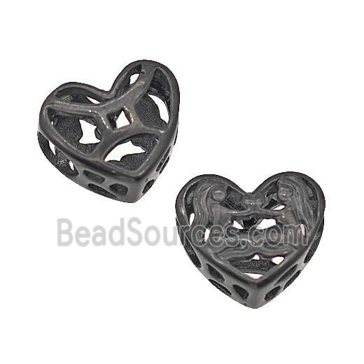 Stainless Steel Heart Beads Zodiac Gemini Large Hole Hollow Black Plated