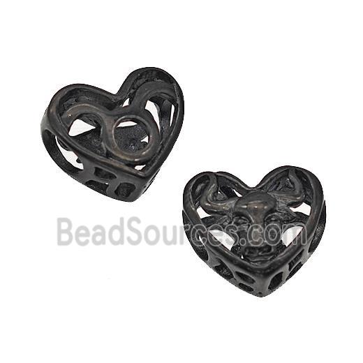 Stainless Steel Heart Beads Zodiac Taurus Large Hole Hollow Black Plated