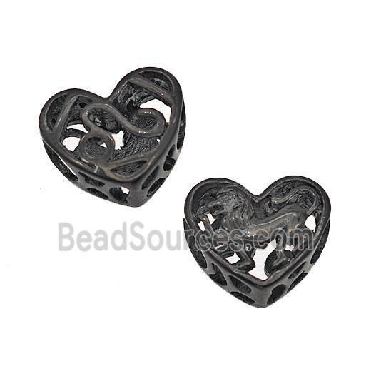 Stainless Steel Heart Beads Zodiac Leo Large Hole Hollow Black Plated