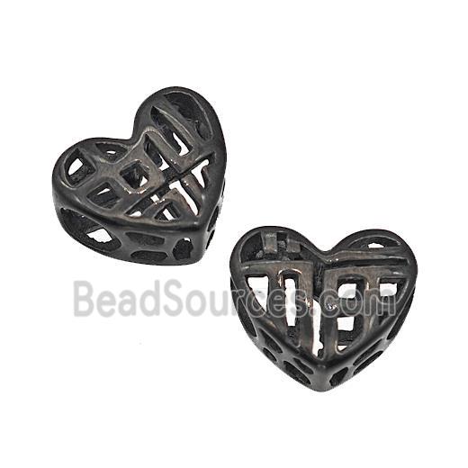 Stainless Steel Heart Beads Lucky Fu Hollow Large Hole Black Plated