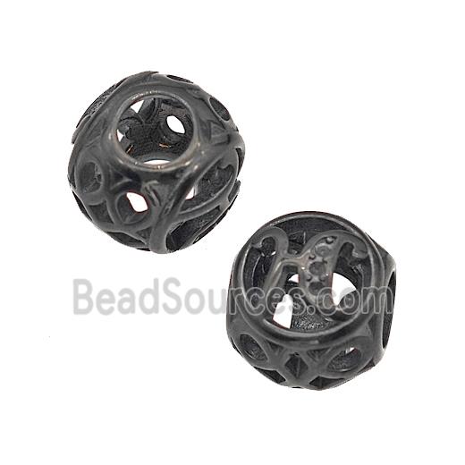 Stainless Steel Round Beads Letter-H Hollow Large Hole Black Plated