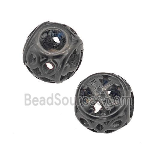 Stainless Steel Round Beads Letter-X Hollow Large Hole Black Plated