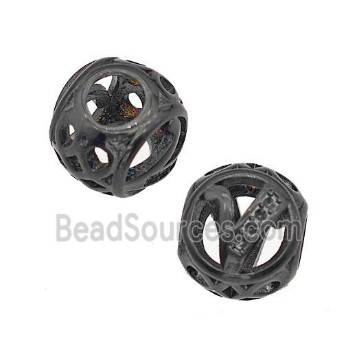 Stainless Steel Round Beads Letter-V Hollow Large Hole Black Plated