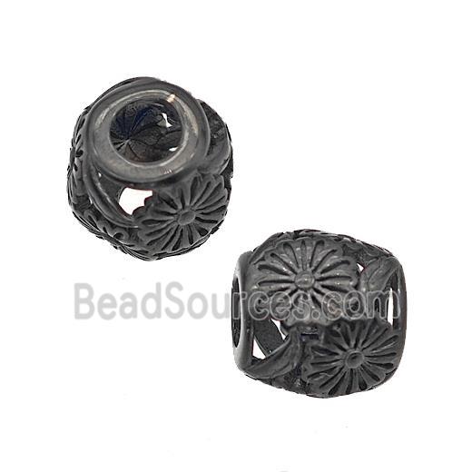 Stainless Steel Barrel Beads Flower Large Hole Hollow Black Plated