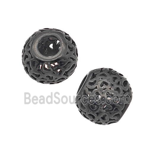 Stainless Steel Round Beads Heart Large Hole Hollow Black Plated