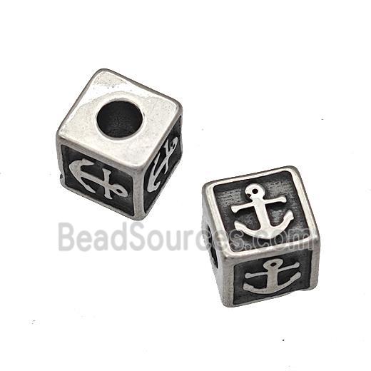 Stainless Steel Cube Beads Anchor Large Hole Antique Silver