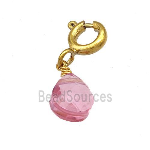 Pink Crystal Glass Teardrop With Stainless Steel Clasp Gold Plated