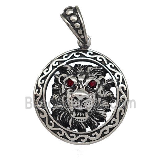 316 Stainless Steel Lion Pendant Pave Red Rhinestone Antique Silver