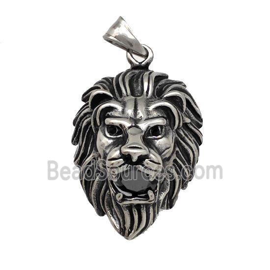 316 Stainless Steel Lion Pendant Pave Black Rhonestone Antique Silver