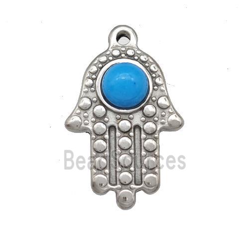 Raw Stainless Steel Hand Pendant Pave Blue Synthetic Turquoise