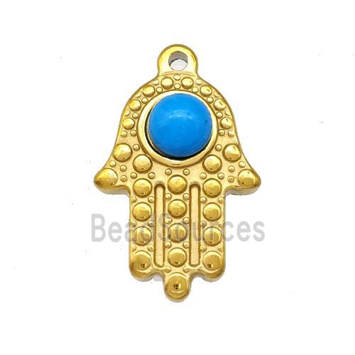 Stainless Steel Hand Pendant Pave Blue Synthetic Turquoise Gold Plated