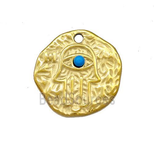 Stainless Steel Hand Pendant Pave Blue Synthetic Turquoise Circle Gold Plated