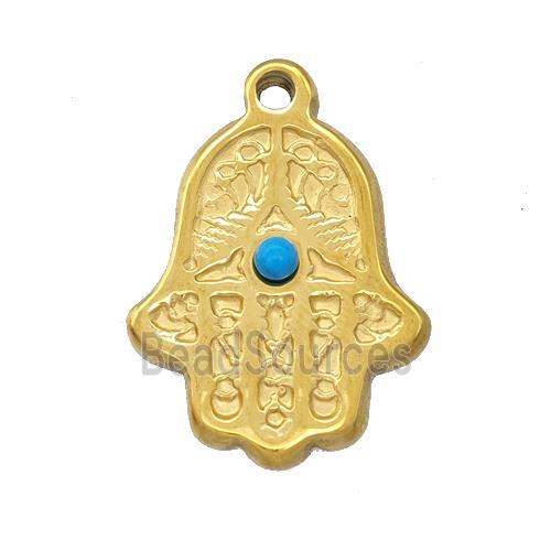 Stainless Steel Hand Pendant Pave Blue Synthetic Turquoise Gold Plated